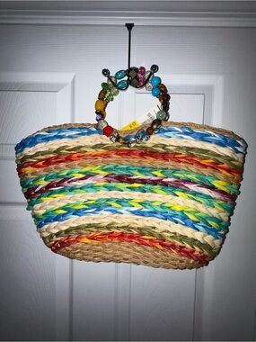 Colorful Woven Straw Beach Tote Bag Beaded Handles Boho Resort Summer